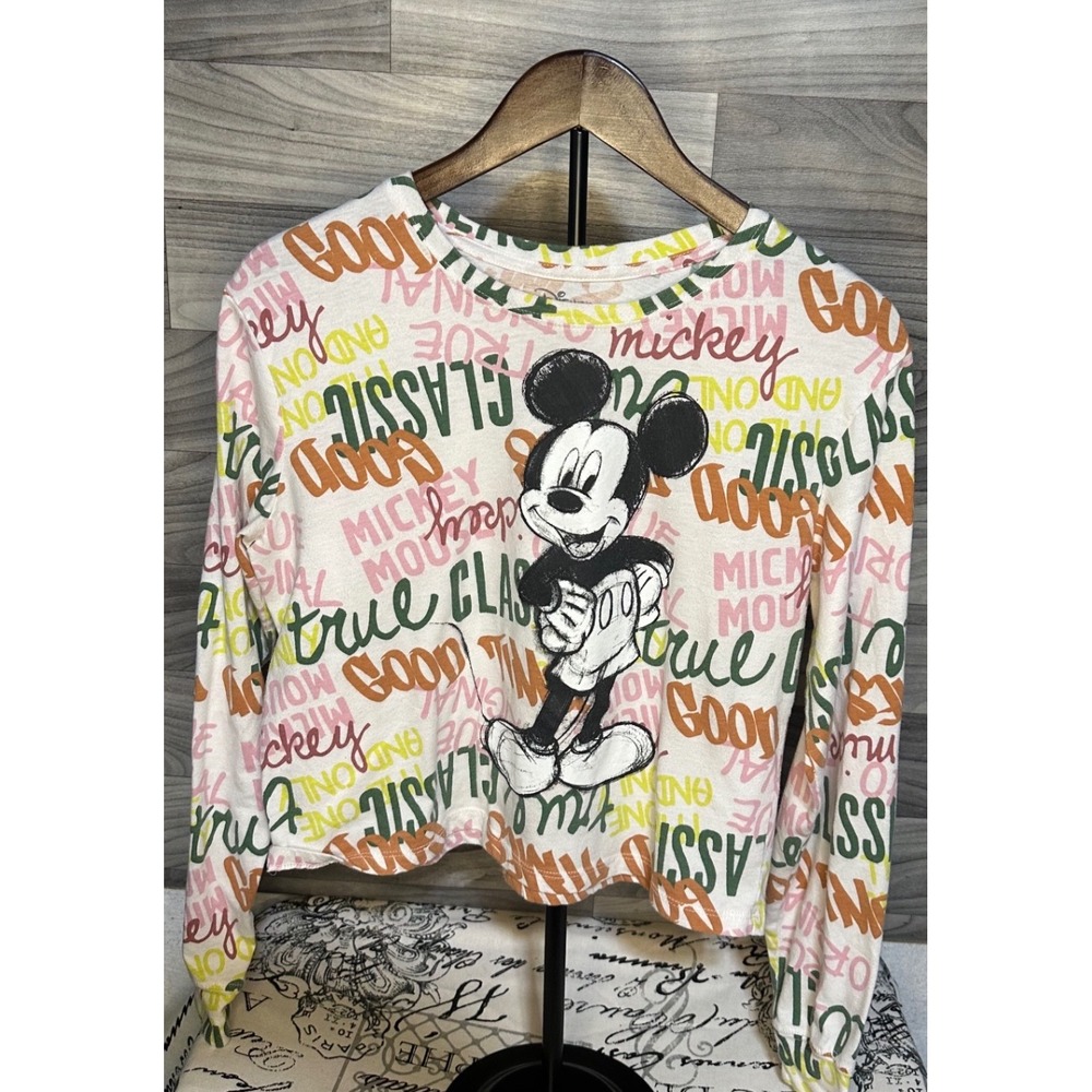 Disney Mickey Mouse All Over Print Cropped Long Sleeve Shirt Womens Large White